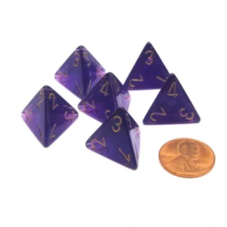 Borealis 18mm 4 Sided D4 Chessex Dice, 6 Pieces - Royal Purple with Gold - Your Source for Gaming Essentials Store