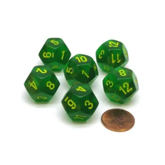 Borealis 18mm D12 Chessex Dice, 6 Pieces - Maple Green with Yellow Numbers - Your Source for Gaming Essentials Fashion