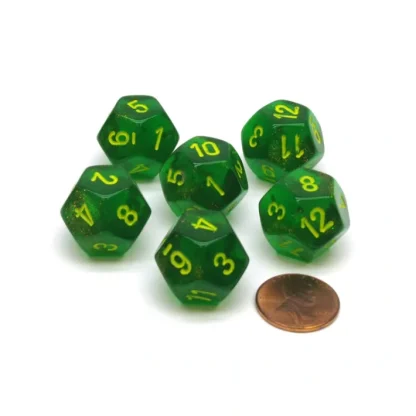 Borealis 18mm D12 Chessex Dice, 6 Pieces - Maple Green with Yellow Numbers - Your Source for Gaming Essentials Fashion