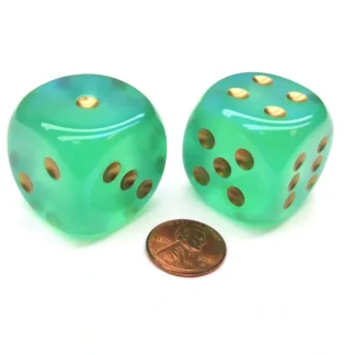 Borealis 30mm Large D6 Chessex Dice, 2 Pieces - Light Green with Gold Pips - Your Source for Gaming Essentials Online