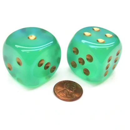Borealis 30mm Large D6 Chessex Dice, 2 Pieces - Light Green with Gold Pips - Your Source for Gaming Essentials Online