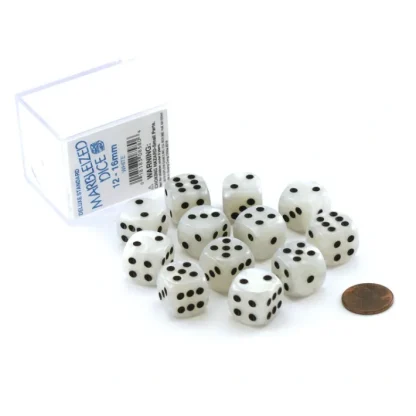 Case of 12 Deluxe Marble 16mm Round Edge Dice - White with Black Pips - Your Source for Gaming Essentials Cheap