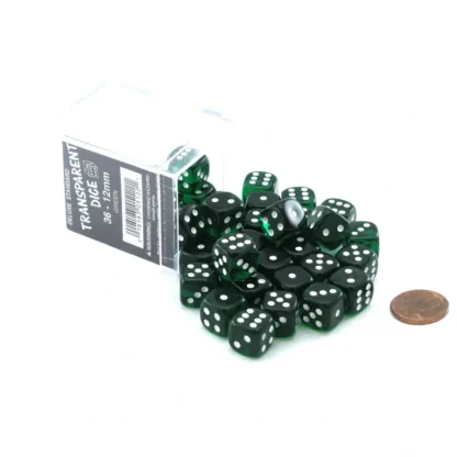 Case of 36 Deluxe Transparent Small 12mm Round Edge Dice - Green with White Pips - Your Source for Gaming Essentials Clearance