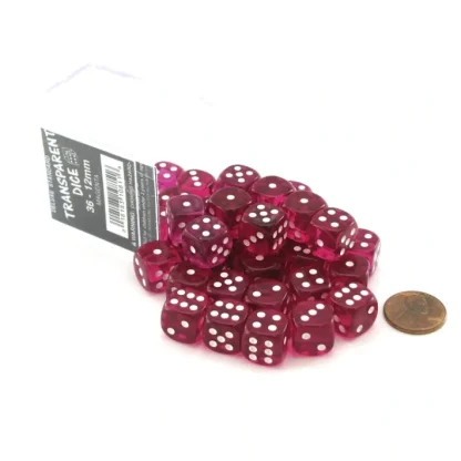 Case of 36 Deluxe Transparent Small 12mm Round Edge Dice - Magenta with White - Your Source for Gaming Essentials Outlet