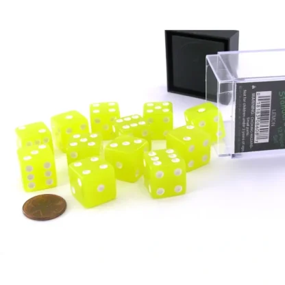 Case with 12 16mm Glow in the Dark Dice - Lemon Color with White Pips - Your Source for Gaming Essentials Sale