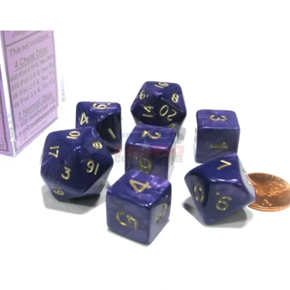 Cheater's Polyhedral 7-Dice Chessex Set - Pearlescent Purple with Gold Numbers - Your Source for Gaming Essentials New