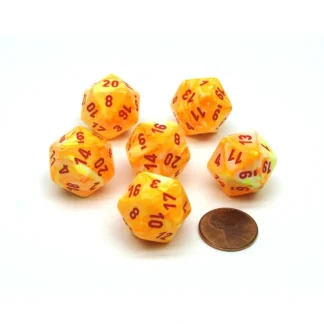 Festive 20 Sided D20 Chessex Dice, 6 Pieces - Sunburst with Red Numbers - Your Source for Gaming Essentials Online
