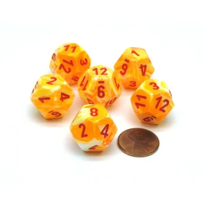 Festive 18mm 12 Sided D12 Chessex Dice, 6 Pieces - Sunburst with Red Numbers - Your Source for Gaming Essentials Cheap