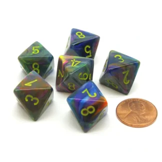 Festive 15mm 8 Sided D8 Chessex Dice, 6 Pieces - Rio with Yellow - Your Source for Gaming Essentials Outlet