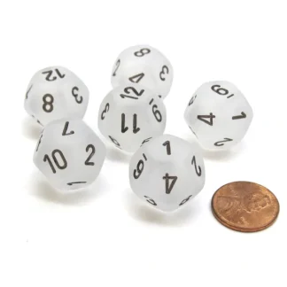 Frosted 18mm 12 Sided D12 Chessex Dice, 6 Pieces - Clear with Black - Your Source for Gaming Essentials Clearance