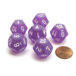 Frosted 18mm 12 Sided D12 Chessex Dice, 6 Pieces - Purple with White - Your Source for Gaming Essentials Online