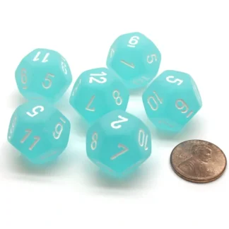 Frosted 18mm 12 Sided D12 Chessex Dice, 6 Pieces - Teal with White - Your Source for Gaming Essentials New