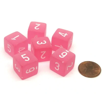 Frosted 15mm D6 Polyhedral Chessex Dice, 6 Pieces - Pink with White Numbers - Your Source for Gaming Essentials Store