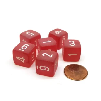 Frosted 15mm D6 Polyhedral Chessex Dice, 6 Pieces - Red with White Numbers - Your Source for Gaming Essentials Clearance