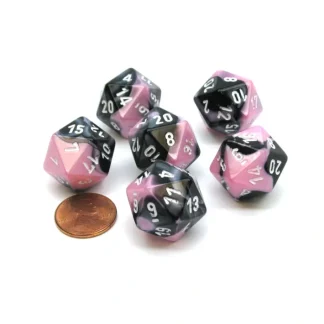 Gemini 20 Sided D20 Chessex Dice, 6 Pieces - Black-Pink with White Numbers - Your Source for Gaming Essentials Store