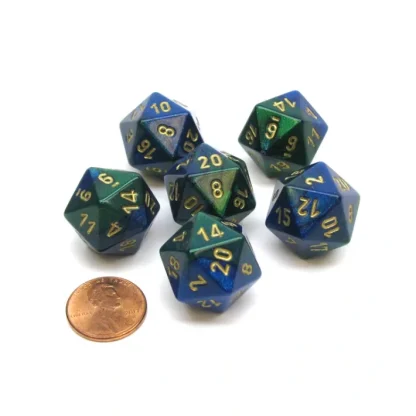 Gemini 20 Sided D20 Chessex Dice, 6 Pieces - Blue-Green with Gold Numbers - Your Source for Gaming Essentials Cheap