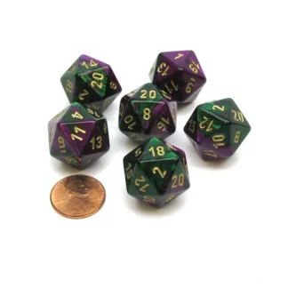 Gemini 20 Sided D20 Chessex Dice, 6 Pieces - Green-Purple with Gold Numbers - Your Source for Gaming Essentials Flash Sale