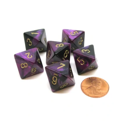 Gemini 15mm 8 Sided D8 Chessex Dice, 6 Pieces - Black-Purple with Gold - Your Source for Gaming Essentials Sale