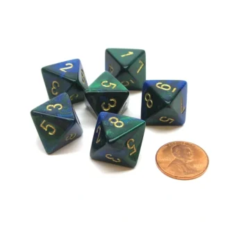 Gemini 15mm 8 Sided D8 Chessex Dice, 6 Pieces - Blue-Green with Gold - Your Source for Gaming Essentials Outlet