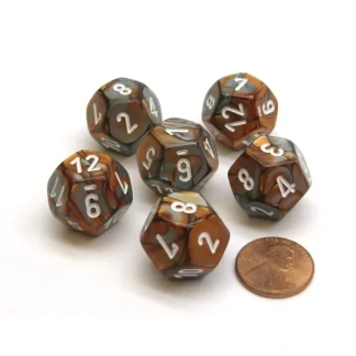 Gemini 18mm 12 Sided D12 Chessex Dice, 6 Pieces - Copper-Steel with White - Your Source for Gaming Essentials Clearance