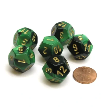 Gemini 18mm 12 Sided D12 Chessex Dice, 6 Pieces - Black-Green with Gold - Your Source for Gaming Essentials Online