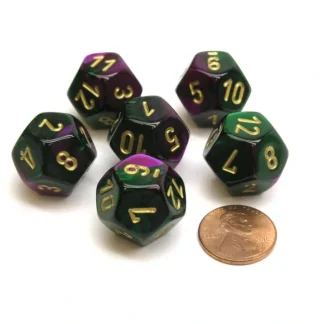 Gemini 18mm 12 Sided D12 Chessex Dice, 6 Pieces - Green-Purple with Gold - Your Source for Gaming Essentials Flash Sale