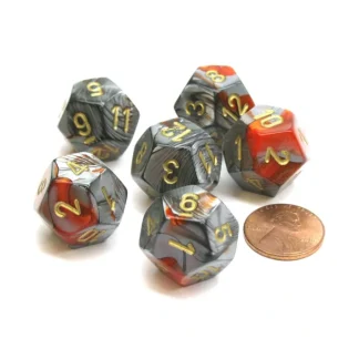 Gemini 18mm 12 Sided D12 Chessex Dice, 6 Pieces - Orange-Steel with Gold - Your Source for Gaming Essentials Online