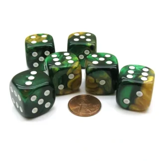 Gemini 20mm Big D6 Chessex Dice, 6 Pieces - Gold-Green with White Pips - Your Source for Gaming Essentials Outlet