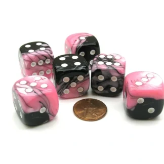 Gemini 20mm Big D6 Chessex Dice, 6 Pieces - Black-Pink with White Pips - Your Source for Gaming Essentials Clearance