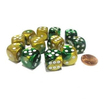 Gemini 16mm D6 Chessex Dice Block (12 Dice) - Gold-Green with White Pips - Your Source for Gaming Essentials Shop