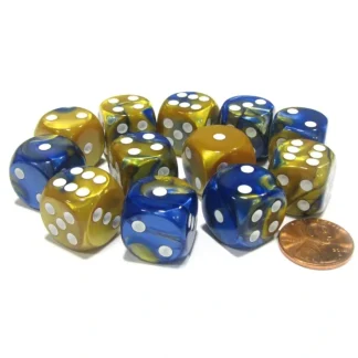 Gemini 16mm D6 Chessex Dice Block (12 Dice) - Blue-Gold with White Pips - Your Source for Gaming Essentials Flash Sale