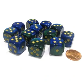 Gemini 16mm D6 Chessex Dice Block (12 Dice) - Blue-Green with Gold Pips - Your Source for Gaming Essentials Cheap