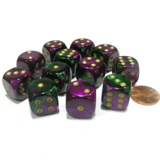 Gemini 16mm D6 Chessex Dice Block (12 Dice) - Green-Purple with Gold Pips - Your Source for Gaming Essentials New