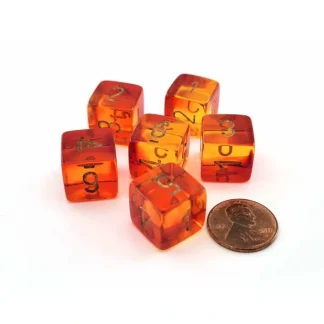 Gemini 15mm D6 Dice, 6 Pieces - Translucent Red-Yellow with Gold Numbers - Your Source for Gaming Essentials Flash Sale