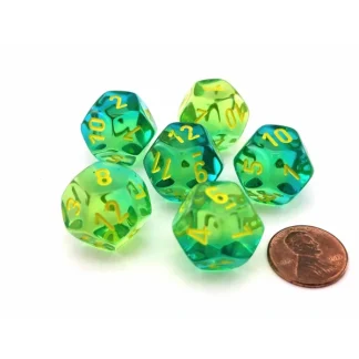 Gemini 18mm D12 Dice, 6 Pieces - Translucent Green-Teal with Yellow Numbers - Your Source for Gaming Essentials Best