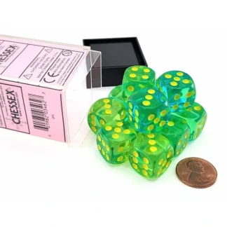 Gemini 16mm D6 Dice Block (12 Dice) - Translucent Green-Teal with Yellow Numbers - Your Source for Gaming Essentials Store
