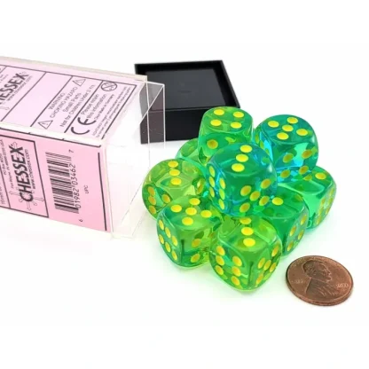 Gemini 16mm D6 Dice Block (12 Dice) - Translucent Green-Teal with Yellow Numbers - Your Source for Gaming Essentials Store