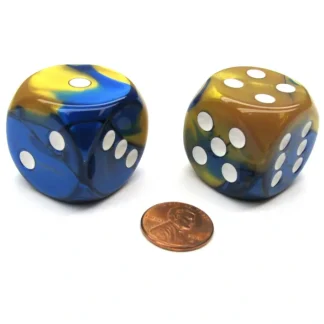 Gemini 30mm Large D6 Chessex Dice, 2 Pieces - Blue-Gold with White Pips - Your Source for Gaming Essentials New