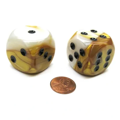 Gemini 30mm Large D6 Chessex Dice, 2 Pieces - Gold-White with Black Pips - Your Source for Gaming Essentials Outlet