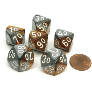 Gemini 16mm Tens D10 (00-90) Chessex Dice, 6 Pieces - Copper-Steel with White - Your Source for Gaming Essentials Fashion