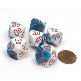 Gemini 16mm Tens D10 (00-90) Chessex Dice, 6 Pieces - Astral Blue-White with Red - Your Source for Gaming Essentials Sale