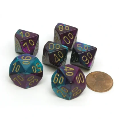 Gemini 16mm Tens D10 (00-90) Dice, 6 Pieces - Purple-Teal with Gold Numbers - Your Source for Gaming Essentials Hot