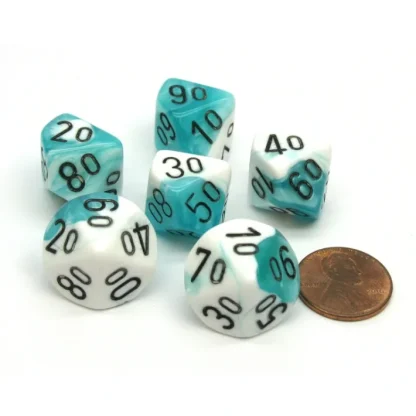 Gemini 16mm Tens D10 (00-90) Dice, 6 Pieces - Teal-White with Black Numbers - Your Source for Gaming Essentials Online