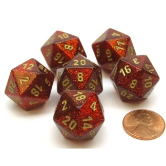 Glitter 20mm 20 Sided D20 Chessex Dice, 6 Pieces - Ruby with Gold Numbers - Your Source for Gaming Essentials New