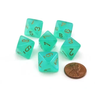 Luminary Borealis 15mm 8 Sided D8 Dice, 6 Pieces - Light Green with Gold Numbers - Your Source for Gaming Essentials Online