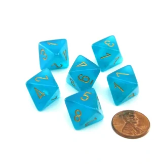 Luminary Borealis 15mm 8 Sided D8 Dice, 6 Pieces - Teal with Gold Numbers - Your Source for Gaming Essentials Shop