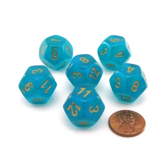 Luminary Borealis 18mm 12 Sided D12 Dice, 6 Pieces - Teal with Gold Numbers - Your Source for Gaming Essentials Discount