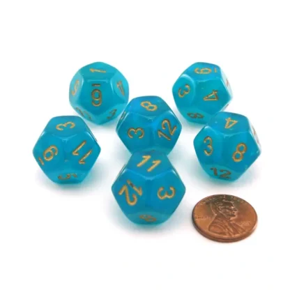 Luminary Borealis 18mm 12 Sided D12 Dice, 6 Pieces - Teal with Gold Numbers - Your Source for Gaming Essentials Discount