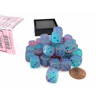 Luminary Gemini 12mm D6 Dice Block (36 Dice) - Gel Green-Pink with Blue Numbers - Your Source for Gaming Essentials Fashion