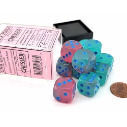 Luminary Gemini 16mm D6 Dice Block (12 Dice) - Gel Green-Pink with Blue Numbers - Your Source for Gaming Essentials Best Sale